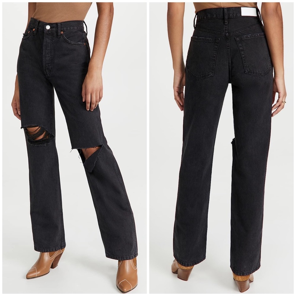 Re/Done High Rise Rigid Loose Jean Washed Black Distressed Size 25